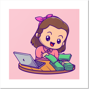 Cute Female Accountant With Laptop And Money Cartoon Posters and Art